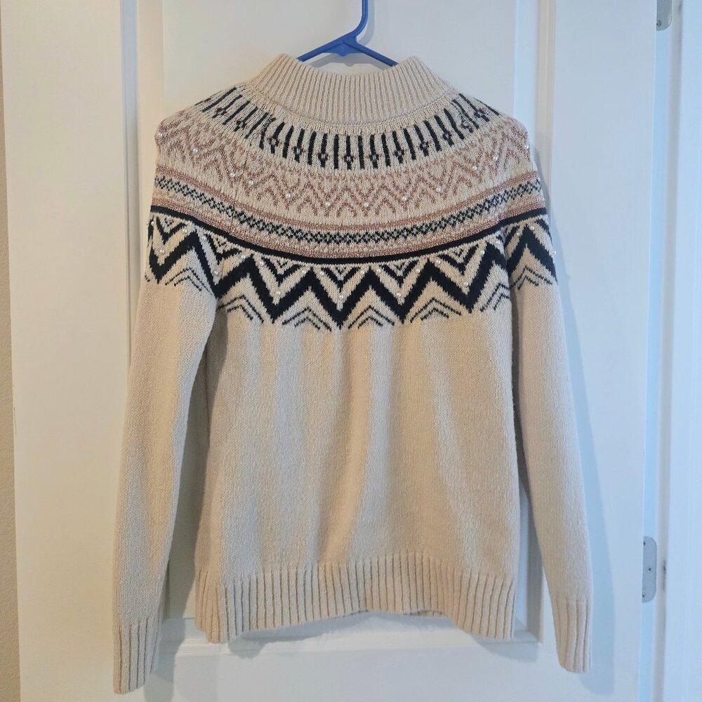 Maurice's Fair Isle mockneck sweater with beaded and gilded thread details